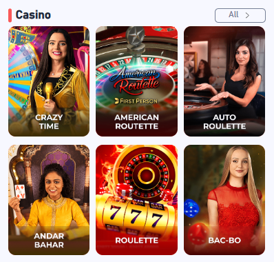 Casino games including Crazy, American Roulette, Auto Roulette, Andar Bahar, Roulette, and Bac-Bo.