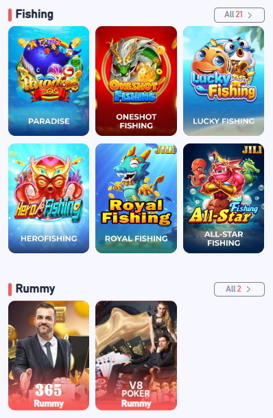 Fishing games including Paradise, Oneshot Fishing, Lucky Fishing, HeroFishing, Royal Fishing, and All-Star Fishing; Rummy games like 365 Rummy and V8 Poker Rummy.