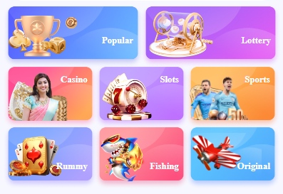 Banners featuring popular categories like Lottery, Casino, Slots, Sports, Rummy, and Fishing.