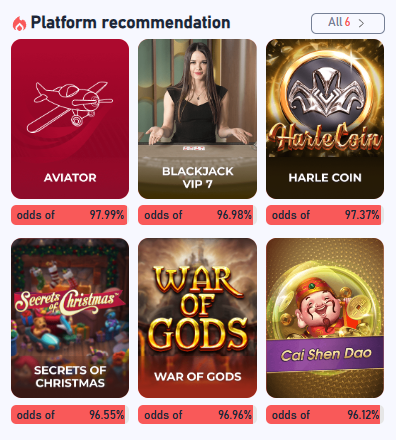 Platform recommendations featuring Aviator, Blackjack, Harle Coin, Secrets of Christmas, War of Gods, and Cai Shen Dao.