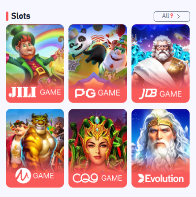 Slots games including Jili Game, PG Game, JDB Game, M Game, CQ9 Game, and Evolution.