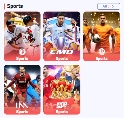 Sports games including 9 Sports, CMD Sports, CA Sports, IM Sports, and AG Sports.